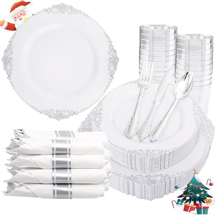 Liacere 350PCS Silver Plastic Plates&Pre Rolled Napkins for 50 Guests - Plastic Dinnerware Sets 100Silver Disposable Plates, 150Silver Silverware, 50Cups and 50Napkins for Christmas
