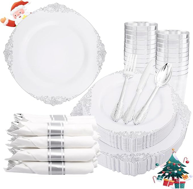 Liacere 350PCS Silver Plastic Plates&Pre Rolled Napkins for 50 Guests - Plastic Dinnerware Sets 100Silver Disposable Plates, 150Silver Silverware, 50Cups and 50Napkins for Christmas