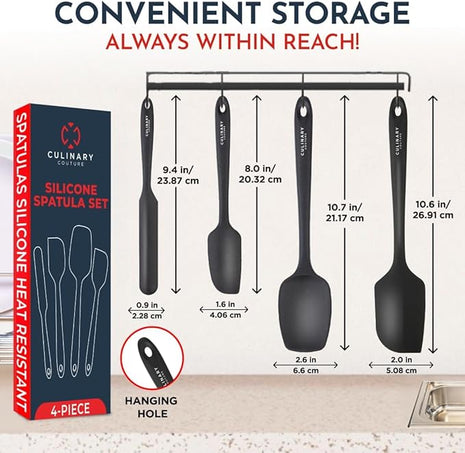 4-Piece Black Baking Spatula Set - Holiday Baking Essentials, Rubber Spatulas Silicone Heat Resistant, BPA-Free - Spatula Set for Nonstick Cookware - Silicone Baking Utensils