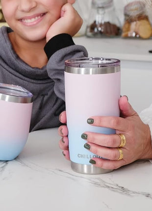 CHILLOUT LIFE 12 oz Stainless Steel Wine Tumbler with Lid - Double Wall Vacuum Insulated Wine Cup Glass Keeping Cold & Hot for Coffee, Champagne, Cocktails, Ice Cream - Powder Coated Pink/Teal