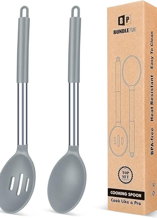 Pack of 2 Large Silicone Cooking Spoons,Non Stick Solid Basting Spoon,Heat-Resistant Kitchen Utensils for Mixing,Serving,Draining,Stirring (GREY)