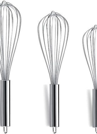 Berglander Whisk Set Pack of 3, Stainless Steel Whisks for Cooking 8",10",12", Wire Ballon Wisk (Silver)