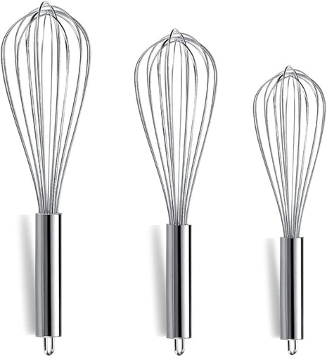 Berglander Whisk Set Pack of 3, Stainless Steel Whisks for Cooking 8",10",12", Wire Ballon Wisk (Silver)