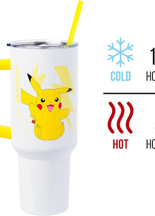Silver Buffalo Pokémon Stainless Steel Tumbler with Handle Featuring Pikachu, Fits in Standard Cup Holder, 40 Ounces