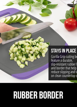 GORILLA GRIP BPA-Free Reversible Kitchen Cutting Board Set of 3, US Designed, Nonporous, Juice Grooves Catch Liquid, Slip Resistant Border, Dishwasher Safe, Durable Food Chopping Boards, Purple Gray