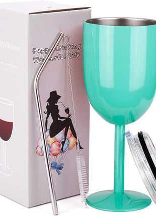 AMZUShome Stainless Steel Wine Glasses Cups.Double Walled Vacuum Insulated Wine Tumbler With Lid and Straw.Friendship,Christmas,Birthday Gifts for Women Men Friends Dad Mom(10oz Mint Green)