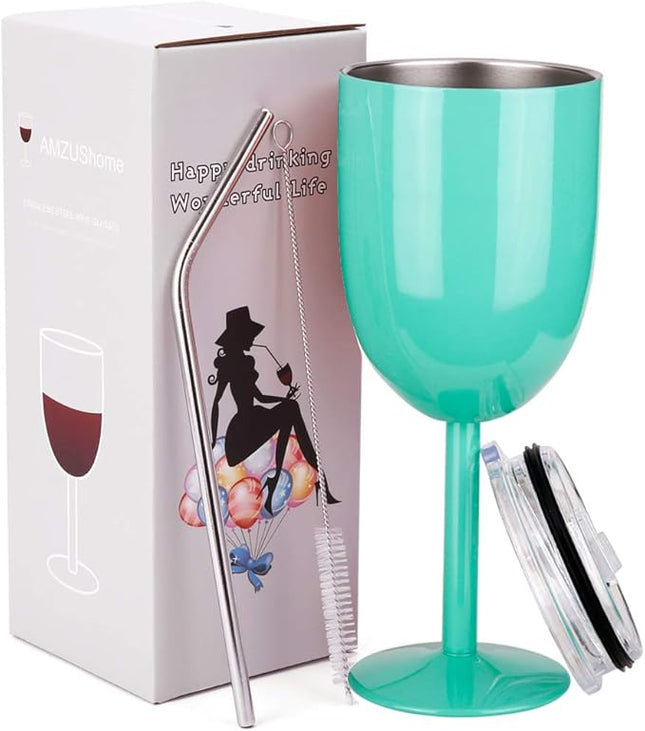 AMZUShome Stainless Steel Wine Glasses Cups.Double Walled Vacuum Insulated Wine Tumbler With Lid and Straw.Friendship,Christmas,Birthday Gifts for Women Men Friends Dad Mom(10oz Mint Green)
