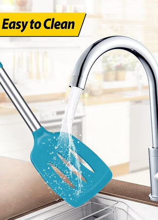 Pack of 2 Silicone Solid Turner, Non Stick Slotted Kitchen Spatulas, High Heat Resistant BPA Free Cooking Utensils, Ideal Cookware for Fish, Eggs, Pancakes(Blue)