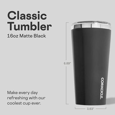 Corkcicle Classic Tumbler - Keeps Drinks Cold for 9 Hours & Hot for 3 - Triple-Insulated Stainless Steel - Holiday Tumbler Gift - 16 oz - Matte Black