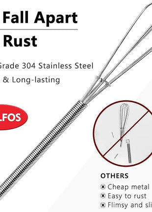 Walfos Whisk,304 Stainless Steel Mini whisk,Small Whisk.6in Long-Handle Non Rust Whisks Nice for stirring individual eggs and mixing small amounts of powder and sauce.Dishwasher Safe.(5+7+10in)