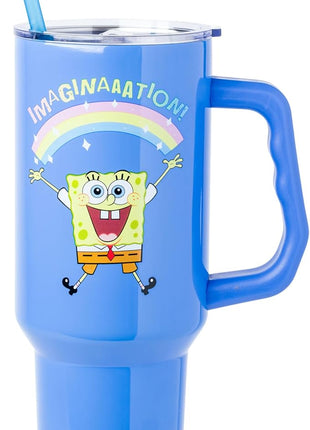 Silver Buffalo SpongeBob SquarePants “Imaginaaation!” Stainless Steel Tumbler with Handle, Fits in Standard Cup Holder, 40 Ounces
