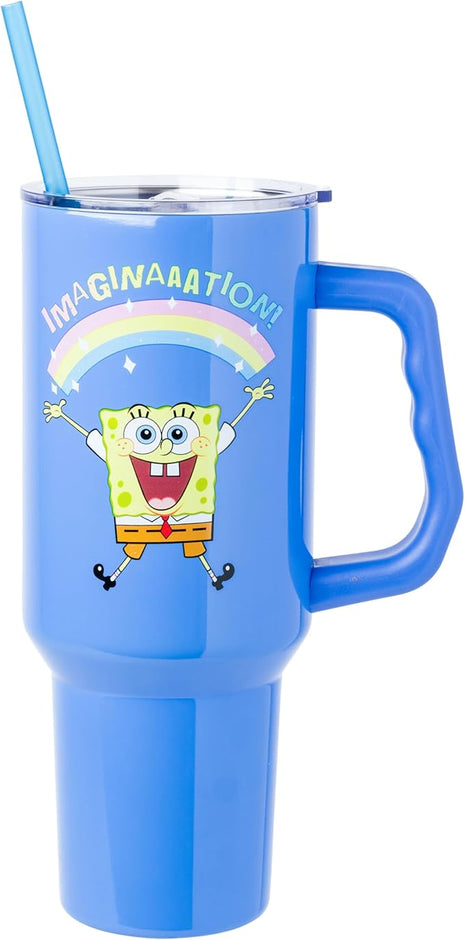 Silver Buffalo SpongeBob SquarePants “Imaginaaation!” Stainless Steel Tumbler with Handle, Fits in Standard Cup Holder, 40 Ounces