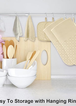 KEGOUU Oven Mitts and Pot Holders 6pcs Set, Kitchen Oven Glove High Heat Resistant 500 Degree Extra Long Oven Mitts and Potholder with Non-Slip Silicone Surface for Cooking (Beige)