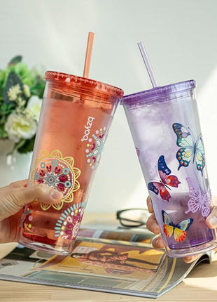 bzyoo SIP 24oz (710ml) Double Wall Plastic Tumbler with Lid and Straw Cold Drink Travel Mug Reusable Party Cup Perfect for Ice Coffee, Tea Office Poolside Parties Gifts Color: Butterfly Purple