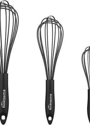 NileHome Upgrade Silicone Whisk Set 8" 10" 12" Kitchen Whisk Kitchen Wisk Wire Whisks for Cooking, Whisking, Blending, Beating, Stirring-Black