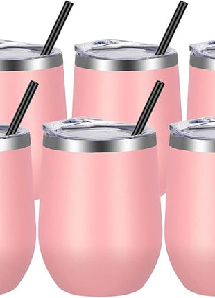 VEGOND Wine Tumblers Bulk 6 Pack, 12oz Stainless Steel Stemless Wine Glass with Lids and Straws, Double Wall Vacuum Insulated Tumbler Cup, Coffee Mug for Cold Hot Drinks