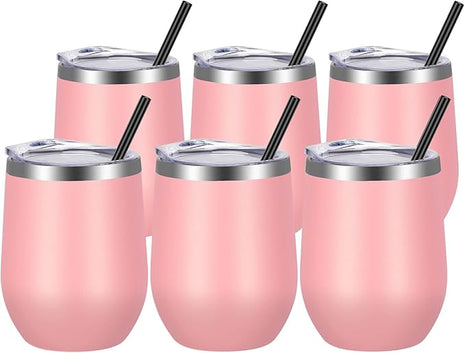 VEGOND Wine Tumblers Bulk 6 Pack, 12oz Stainless Steel Stemless Wine Glass with Lids and Straws, Double Wall Vacuum Insulated Tumbler Cup, Coffee Mug for Cold Hot Drinks