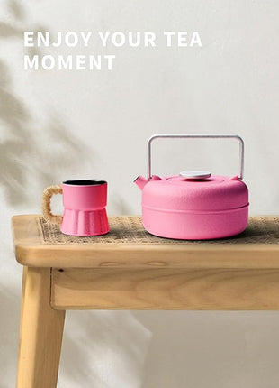 Toptier Teapot with Removable Infuser, Cast Iron Tea Kettle Stovetop Safe, Solid Geometry Cylinder Design Tea Pot Coated with Enameled Interior for 27 Ounce (800 ml), Rose Red