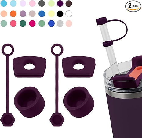 Silicone Spill Stopper Set Compatible with Stanley Cup 2.0 30oz & 40oz with Straw Cover (Set of 2, Plum)