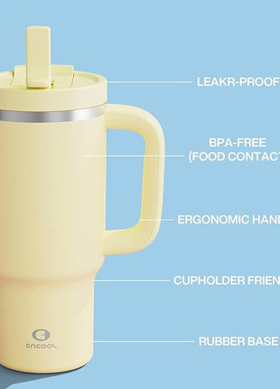 ENCOOL 32 oz Tumbler with Handle and Straw: Stainless Steel Insulated Tumbler Keeps Cold for 24 Hours, Leakproof Travel Cup Fits in Cup Holder and BPA-Free,Light Vanilla