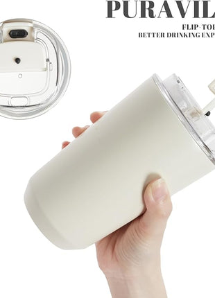 Puraville Insulated Tumblers with Lid, 14 oz Travel Coffee Mug Stainless Steel Vacuum Cup, Leak Proof Reusable Double Walled Coffee Tumbler for Iced and Hot Drinks, Cream