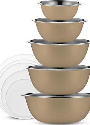WHYSKO Stainless Steel Mixing Bowl Set, 10 Piece Stainless Steel Mixing Bowls with Lids Set for Food Prep Storage and Serving, Dishwasher Safe for Kitchen Baking Cooking, Khaki