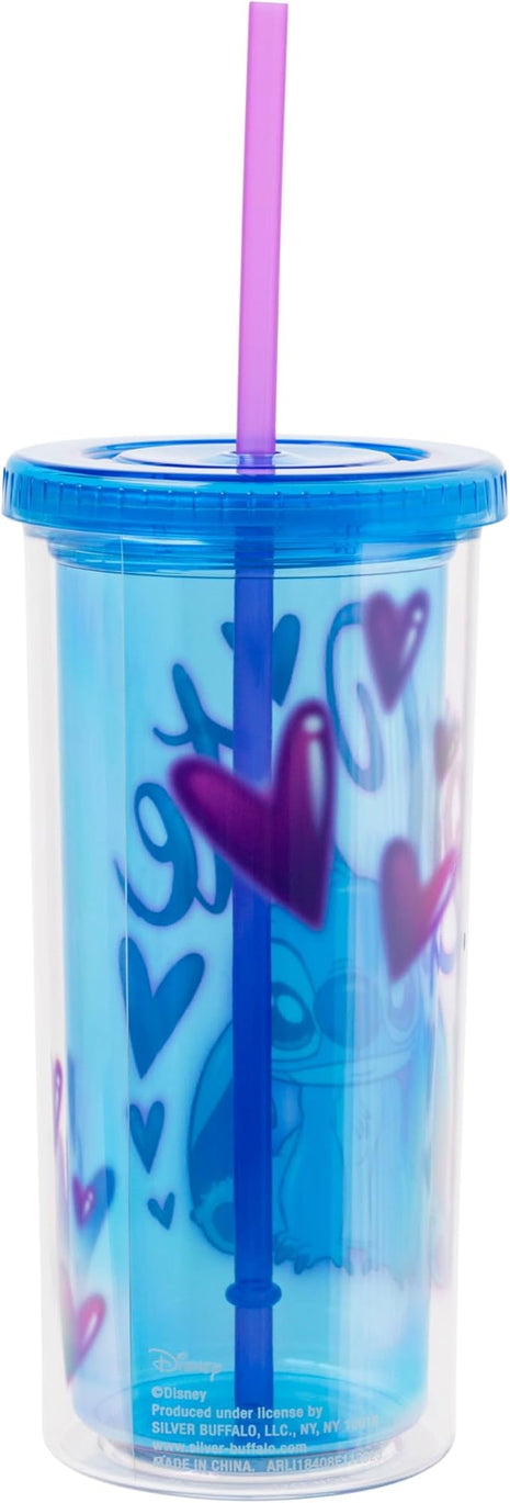 Silver Buffalo Disney Lilo and Stitch “2 Cute” Plastic Tall Cold Cup with Lid and Straw, 20 Ounces (Pack of 12)
