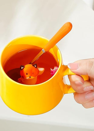 BigNoseDeer Kawaii Fox Mug Cute Mugs with 3D Fox Inside Ceramic Coffee Mug with Lid and Spoon Cute Stuff Birthday Gifts Cute Gifts For Women 13.5oz