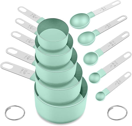 Measuring Cups and Spoons Set, Stackable Cups and Spoons, 10 Pieces Nesting Measure Cups with Stainless Steel Handle, Kitchen Gadgets for Cooking & Baking, Lake Green
