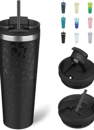 BJPKPK 26oz Insulated Tumbler With lid And Straw Stainless Steel Tumblers Travel Coffee Mug Reusable Thermal Cup,Black Leopard