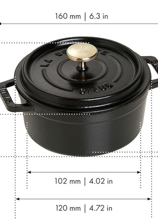 STAUB Cast Iron Dutch Oven 0.5-qt Round Cocotte, Made in France, Serves 1, Matte Black