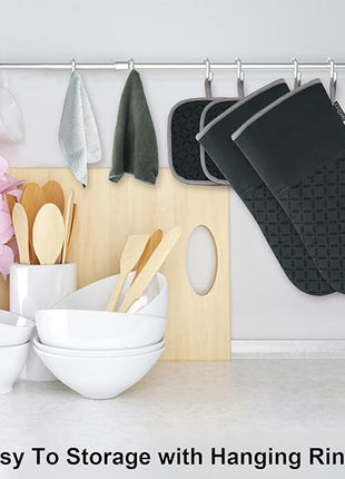 KEGOUU Oven Mitts and Pot Holders 6pcs Set, Kitchen Oven Glove High Heat Resistant 500 Degree Extra Long Oven Mitts and Potholder with Non-Slip Silicone Surface for Cooking (Deep Green)