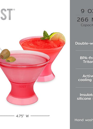 HOST Freeze Insulated Martini Cooling Cups, Plastic Freezer Gel Chiller Double Wall Stemless Cocktail Glass Set of 2, 9oz Punch Pink
