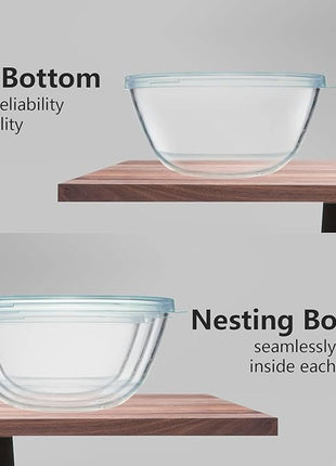 WhiteRhino Glass Mixing Bowls Glass Bowls with Lids Set(4.5QT,2.7QT, 1.1QT),Large Salad Bowls,glass mixing bowl Space-Saving Nesting Storage bowls for Cooking,Baking,Prepping,Dishwasher Safe