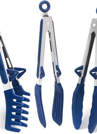Kitchen Tongs, 9 Inch Tongs for Cooking with Silicone Tips, Food Grade Small Silicone Tongs, Mini Serving Tongs for Nonstick Pans, BBQ, Salad, Set of 3, Blue