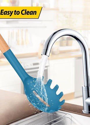 Silicone Pasta Fork and Ladle Spoon Set with Wooden Handle, Heat Resistant Non Stick Kitchen Utensils for Cooking, Stirring, Serving Spaghetti, Soup, Sauce(BLUE)