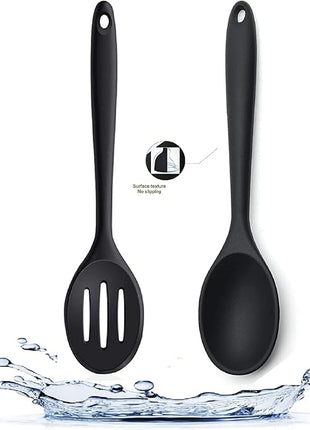 2PCS Silicone Nonstick Spoons, Heat Resistant, BPA Free, Ergonomic, Long Handle, Wide Bowl, Black