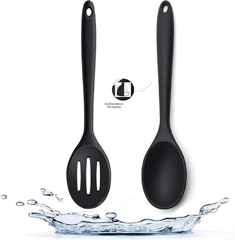 2PCS Silicone Nonstick Spoons, Heat Resistant, BPA Free, Ergonomic, Long Handle, Wide Bowl, Black