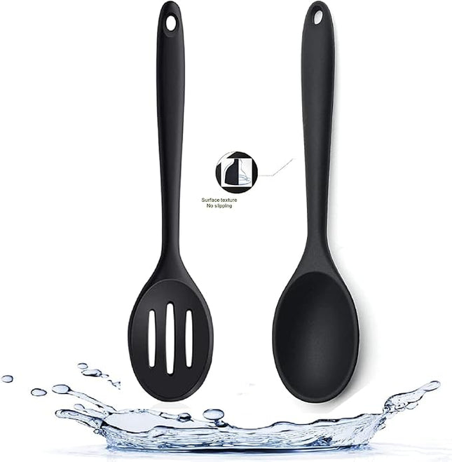 2PCS Silicone Nonstick Spoons, Heat Resistant, BPA Free, Ergonomic, Long Handle, Wide Bowl, Black
