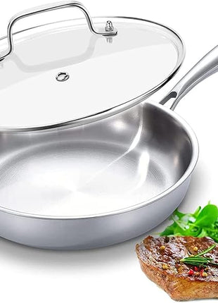 DELARLO Kitchen Whole Body Tri-Ply Stainless Steel Frying Pan, 12 inch,Stainless Steel, Oven safe induction skillet, Pots and Pans set,Suitable for All Stove