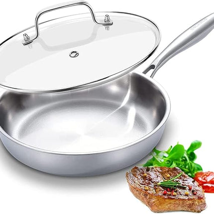 DELARLO Kitchen Whole Body Tri-Ply Stainless Steel Frying Pan, 12 inch,Stainless Steel, Oven safe induction skillet, Pots and Pans set,Suitable for All Stove