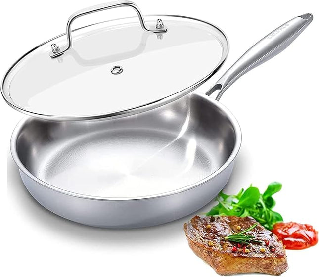 DELARLO Kitchen Whole Body Tri-Ply Stainless Steel Frying Pan, 12 inch,Stainless Steel, Oven safe induction skillet, Pots and Pans set,Suitable for All Stove
