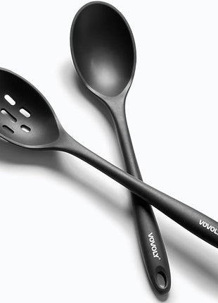 Silicone Spoons for Cooking - Extra Large Kitchen Spoons for Mixing, Serving, & Stirring - 600°F Heat-Resistant Non Stick Utensils Ladle & Skimmer- Dishwasher Safe, Black