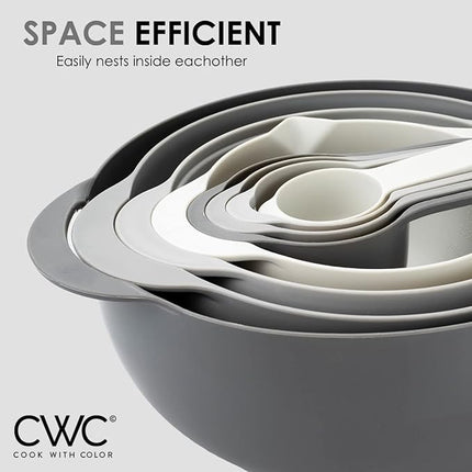 COOK WITH COLOR Nesting Bowls with Measuring Cups Colander and Sifter Set - Includes Mixing Bowls, Colander, Sifter and Measuring Cups, Gray, 8 Pc Bowl