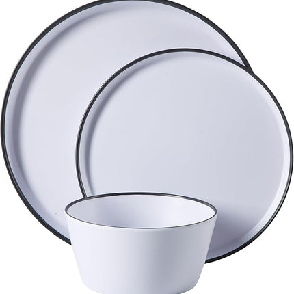 Gibson Home Folsom Shores 12 Piece Unbreakable Modern Melamine Plates and Bowls Dinnerware Set - Outdoor, Camping, & Everyday Use - White W/Black Rim