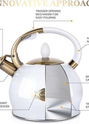 SUSTEAS Stove Top Whistling Tea Kettle - Food Grade Stainless Steel Teakettle Teapot with Cool Touch Ergonomic Handle, With 1 Silicone Pinch Mitt Included, 2.64 Quart(WHITE)