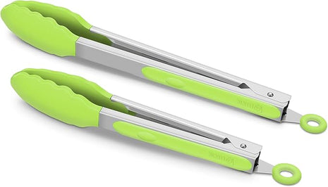Premium Silicone Set of 2 Cooking Tongs, 9-Inch & 12-Inch BPA Free Non-Stick Stainless Steel BBQ Grilling Locking Food Tong, Light Green