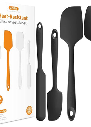 Heat Resistant Silicone Spatula Set: U-Taste 600ºF High Temp Seamless Food Grade Utensil, Flexible Rubber Silicon Kitchen Cooking Mixing Baking Scraper for Nonstick Cookware Set of 4 (Black)