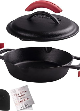 Cuisinel Cast Iron Skillet + Cast Iron Lid Set - 10+12"-Inch Dual Handle Frying Pans + Pan Scraper + Silicone Handle Covers - Preseasoned Indoor/Outdoor, Grill, Stovetop, Induction, Oven Cookware
