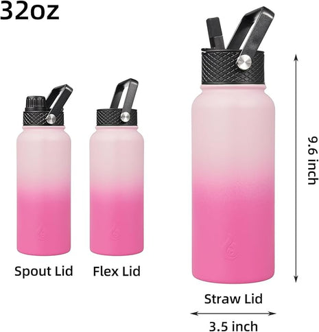 BJPKPK Insulated Water Bottles with Straw Lid, 32oz Metal Large Water Bottle with 3 Lids, Reusable Leak Proof BPA Free Thermo, Stainless Steel Tumblers for Sports, Gym, Travel-Cherry